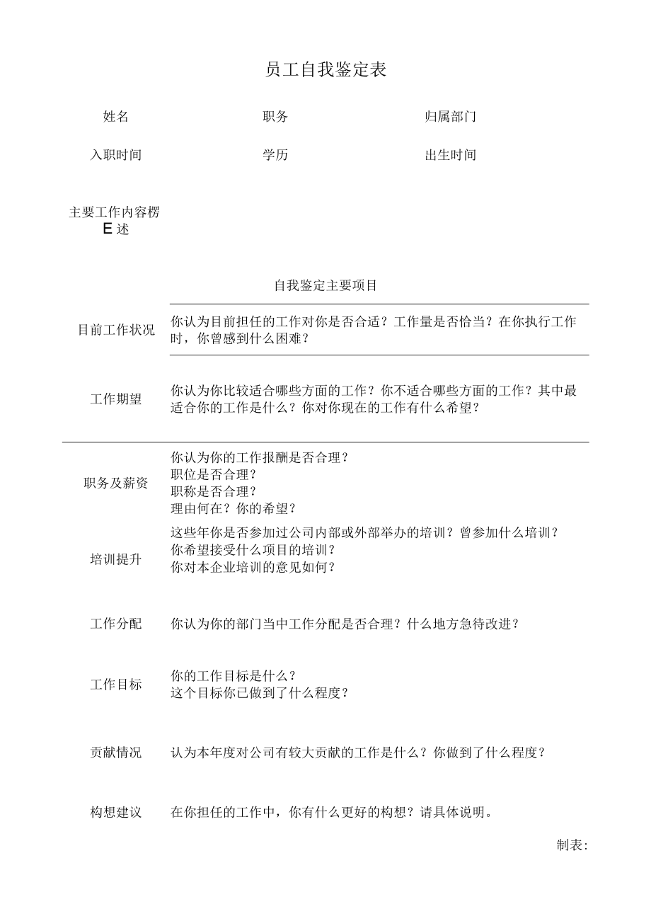 员工自我鉴定表.docx_第1页