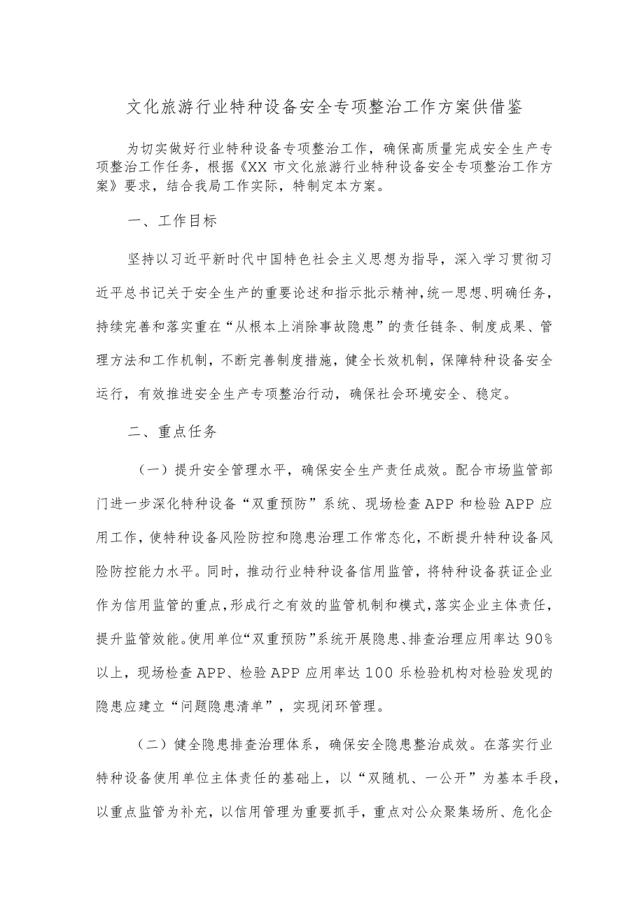 文化旅游行业特种设备安全专项整治工作方案供借鉴.docx_第1页