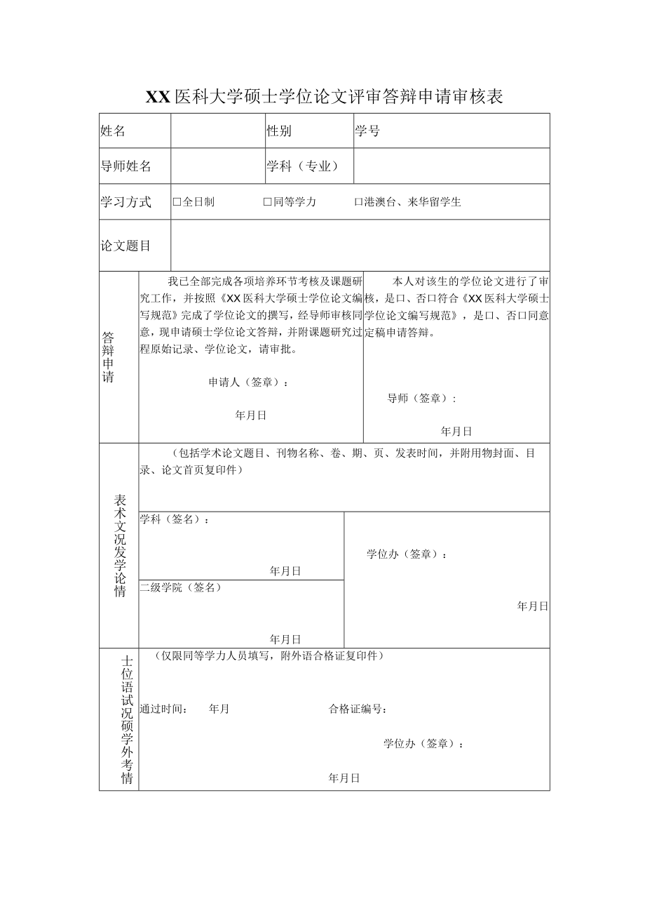 XX医科大学硕士学位论文评审答辩申请审核表.docx_第1页