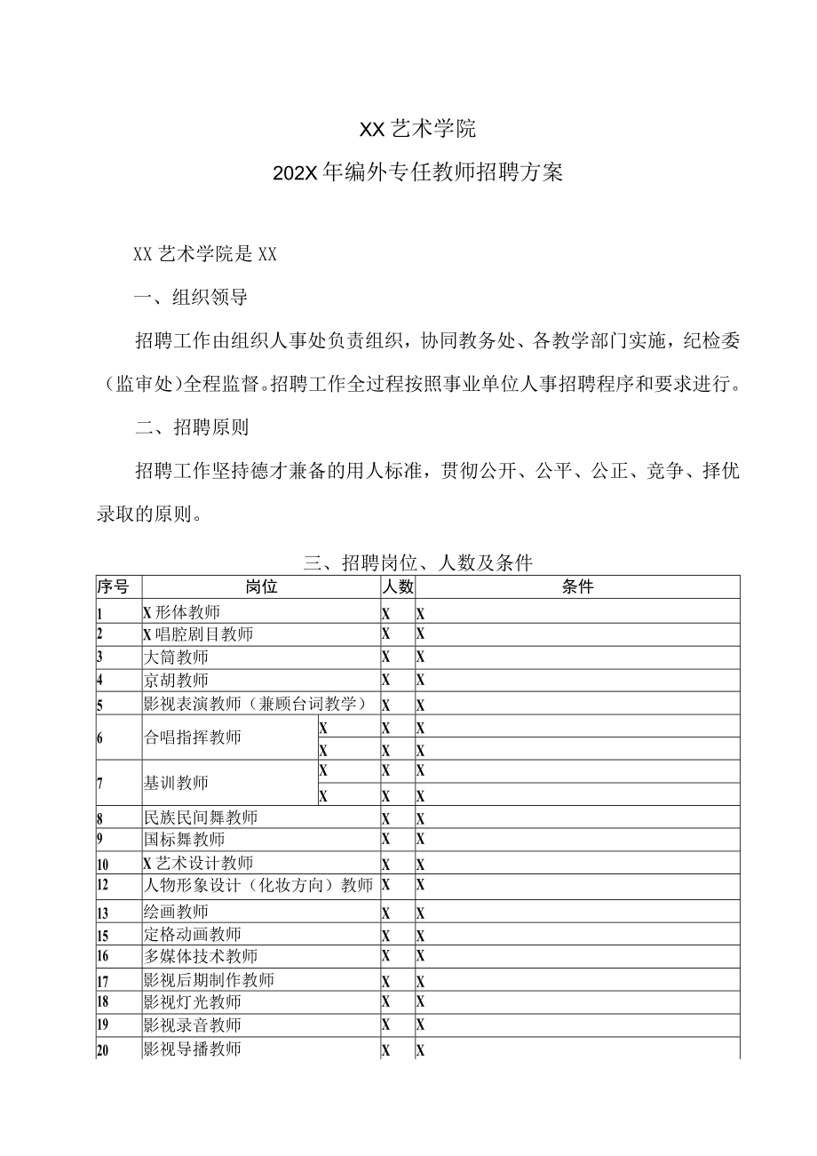 XX艺术学院202X年编外专任教师招聘方案.docx_第1页