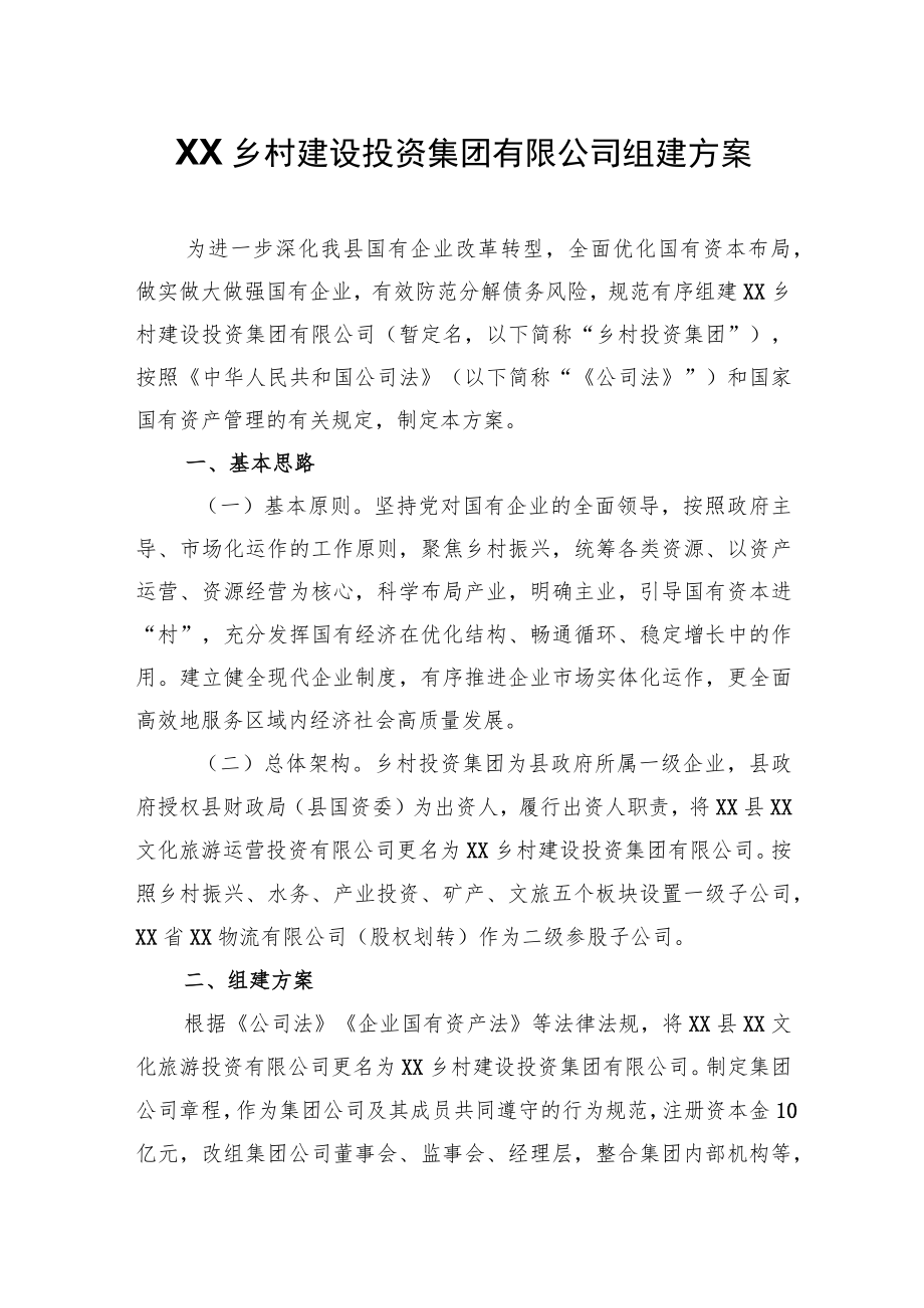 XX乡村建设投资集团有限公司组建方案.docx_第1页