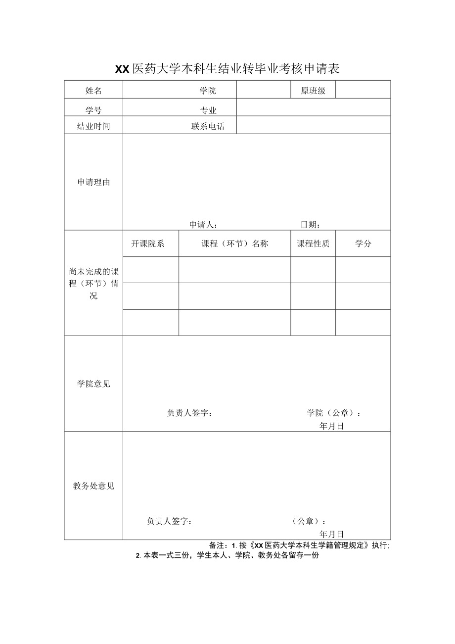 XX医药大学本科生结业转毕业考核申请表.docx_第1页