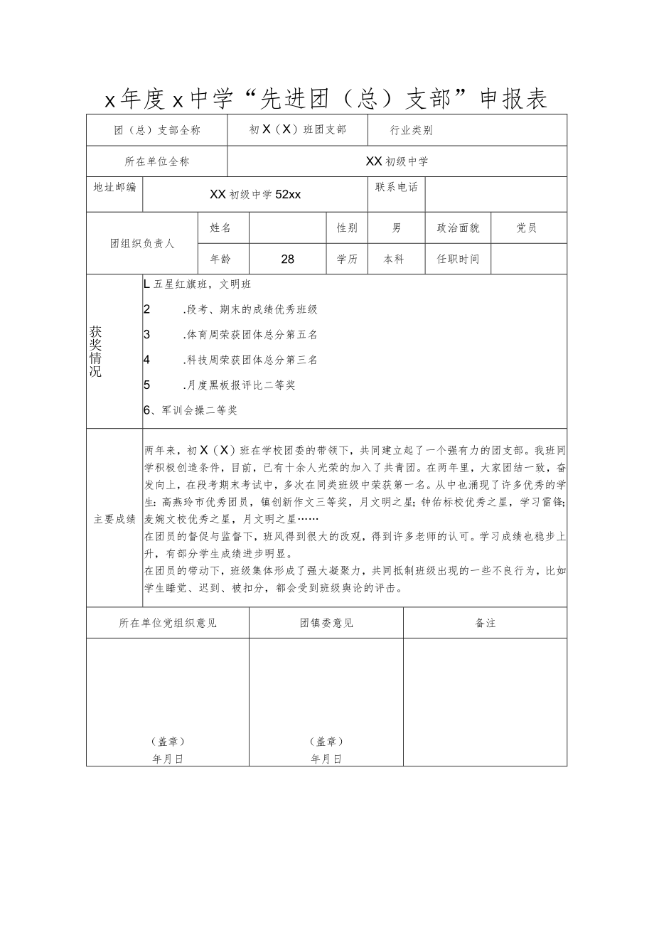 20XX年度XX中学先进团（总）支部申报表.docx_第1页