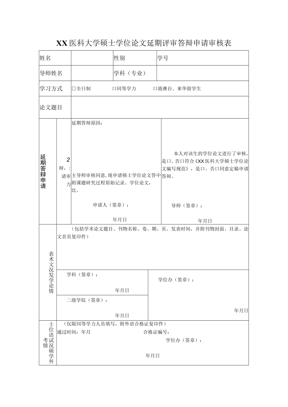 XX医科大学硕士学位论文延期评审答辩申请审核表.docx_第1页