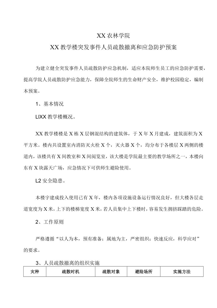 XX农林学院XX教学楼突发事件人员疏散撤离和应急防护预案.docx_第1页