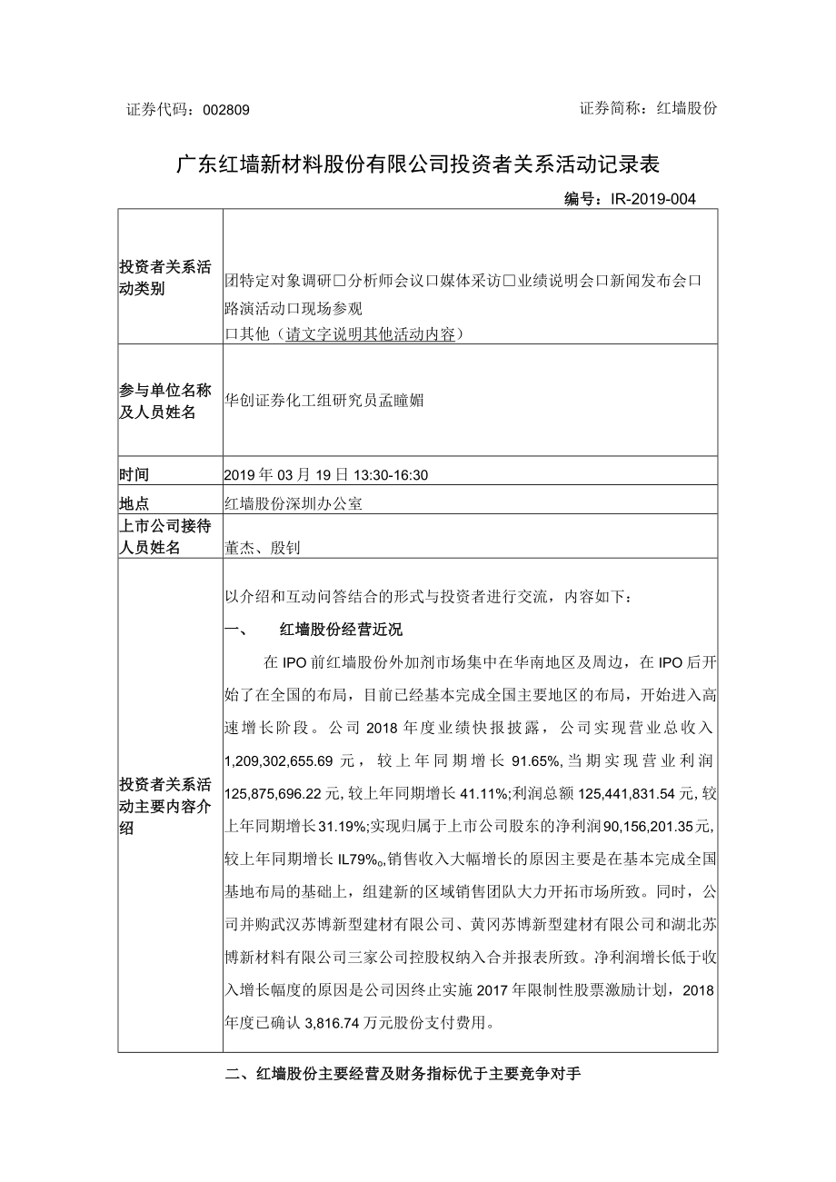 证券简称红墙股份广东红墙新材料股份有限公司投资者关系活动记录表.docx_第1页