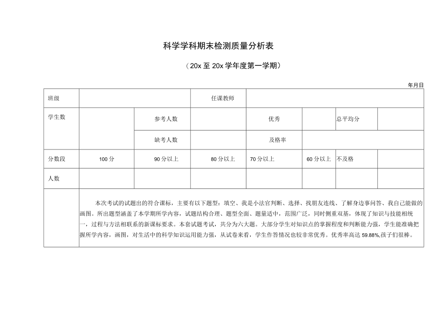 小学科学学科期末检测质量分析表.docx_第1页