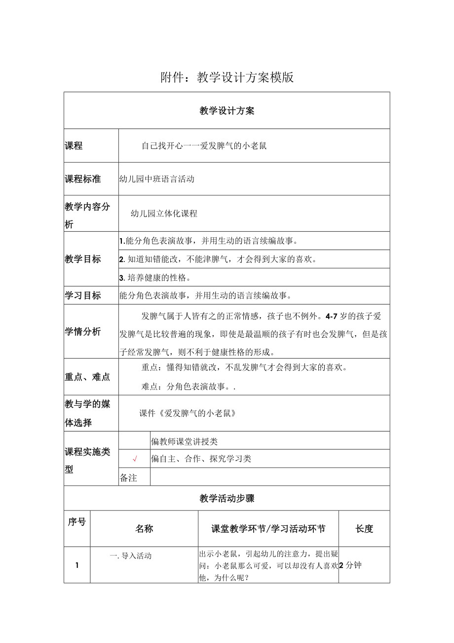 自己找开心——爱发脾气的小老鼠 教学设计.docx_第1页