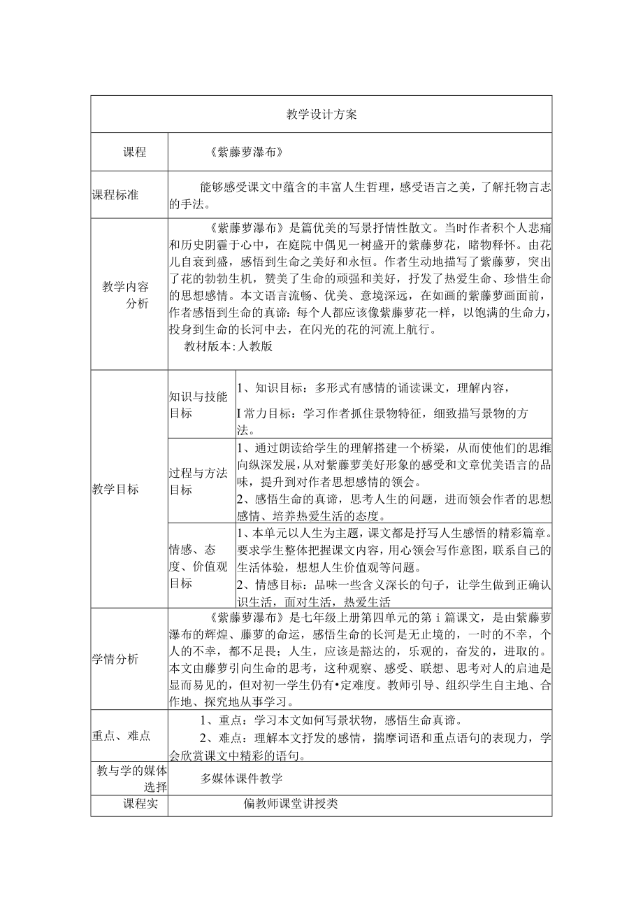 紫藤萝瀑布 教学设计.docx_第1页