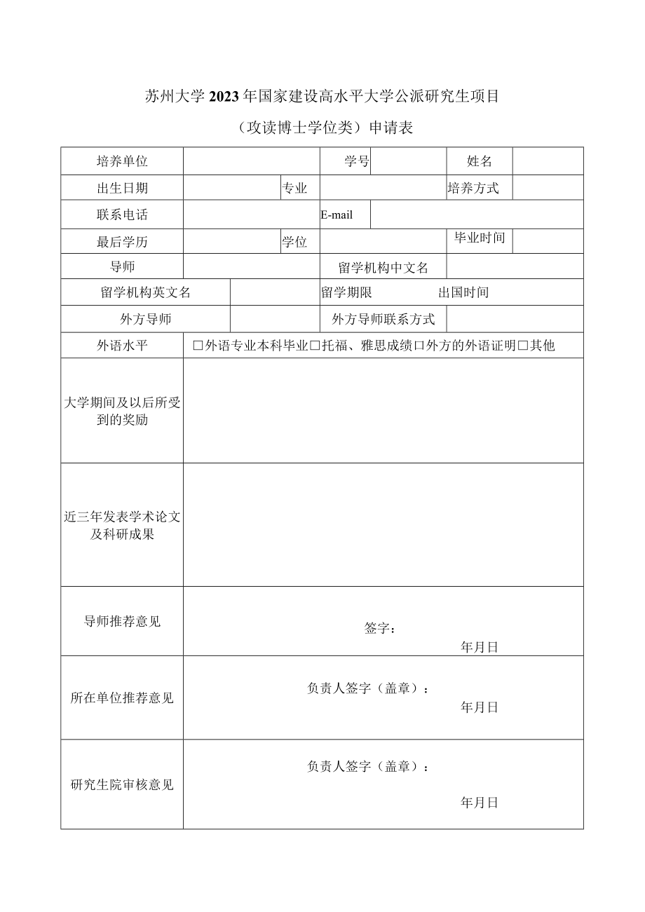 苏州大学2023年国家建设高水平大学公派研究生项目攻读博士学位类申请表.docx_第1页