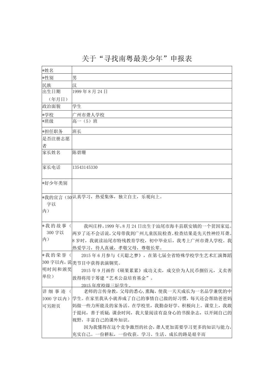 最美少年 申报表 教学设计.docx_第1页