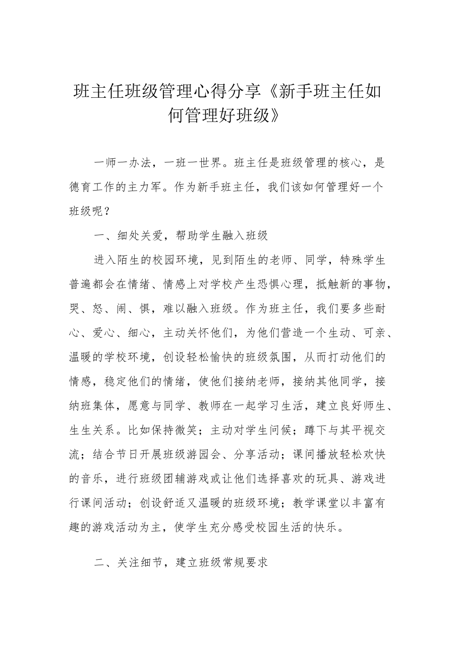 班主任班级管理心得分享《新手班主任如何管理好班级》.docx_第1页