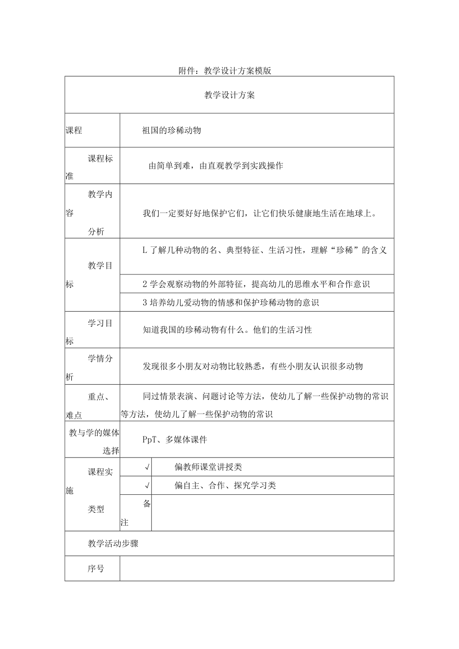 祖国的珍稀动物 教学设计.docx_第1页