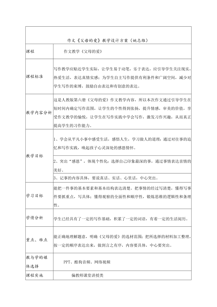 作文教学《父母的爱》 教学设计.docx_第1页