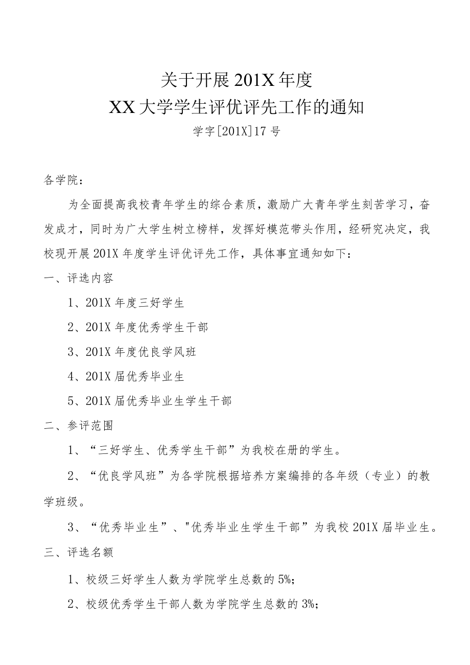 关于开展201X年度XX学院学生评优评先工作的通知.docx_第1页