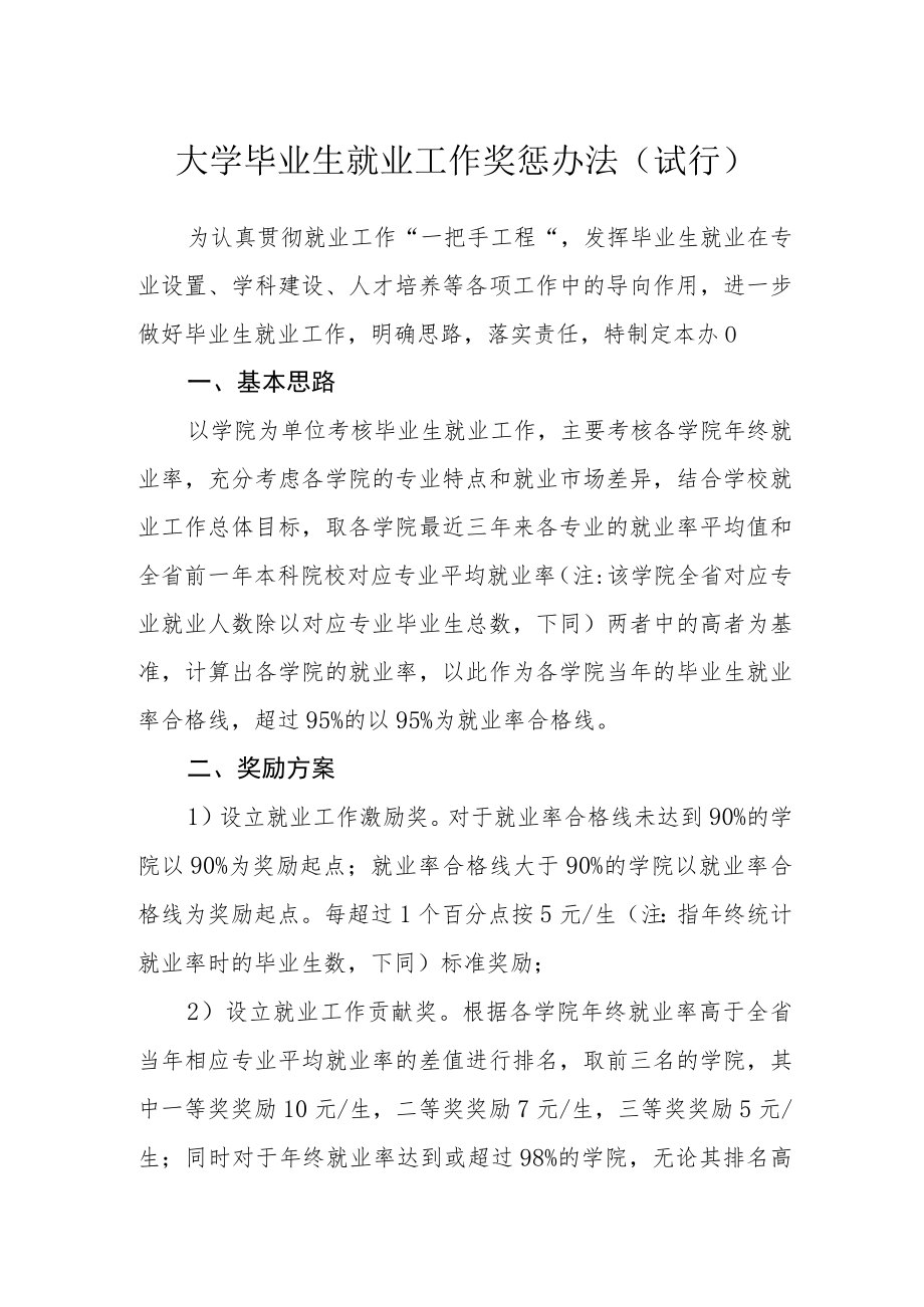 大学毕业生就业工作奖惩办法（试行）.docx_第1页