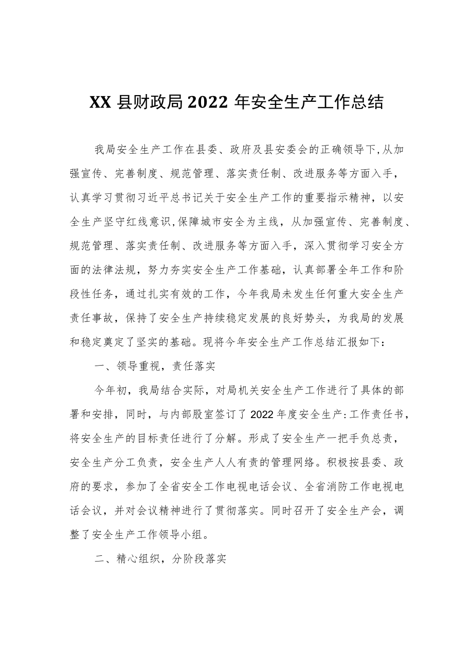 XX县财政局2022年安全生产工作总结.docx_第1页