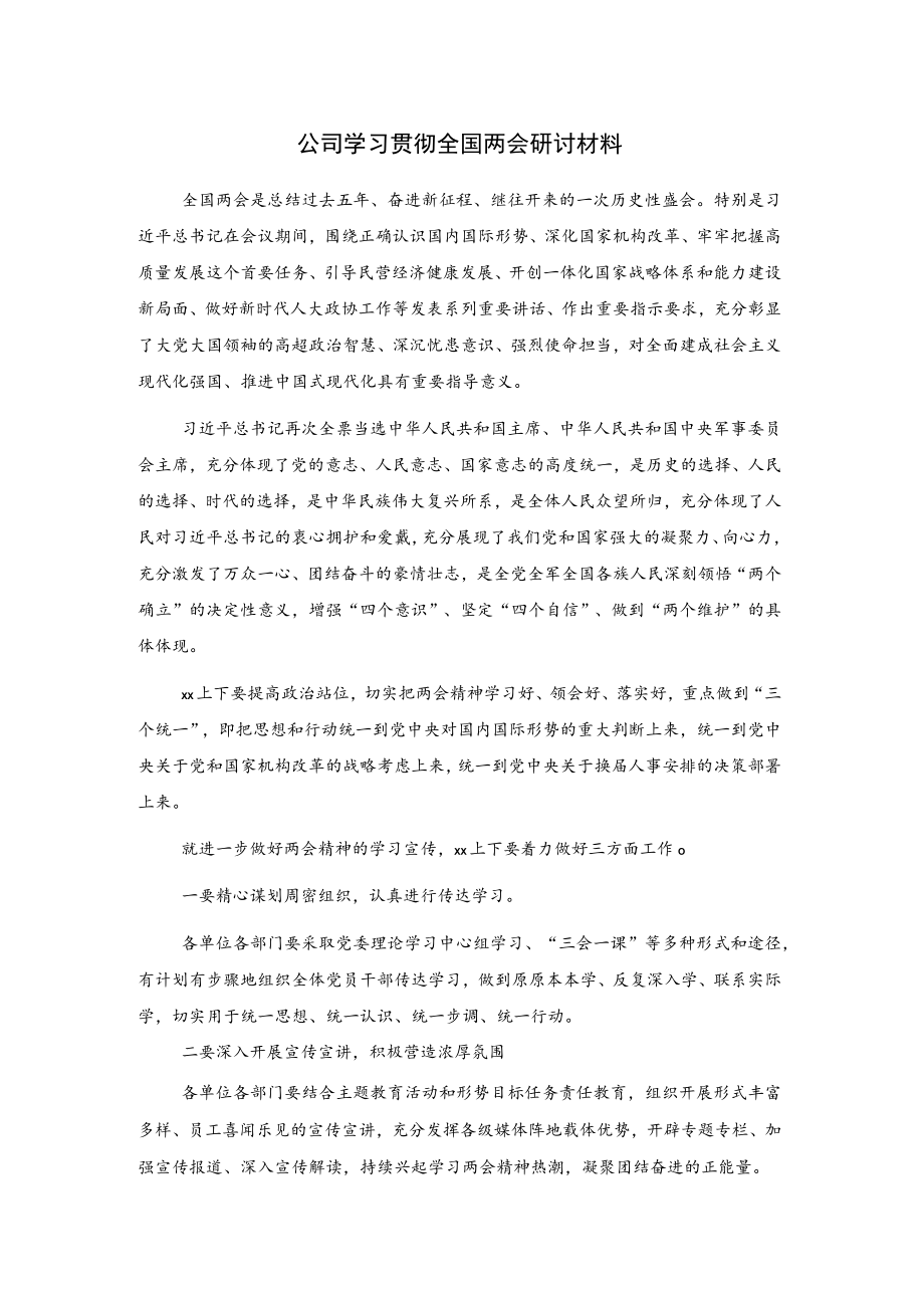 公司学习贯彻全国两会研讨材料.docx_第1页