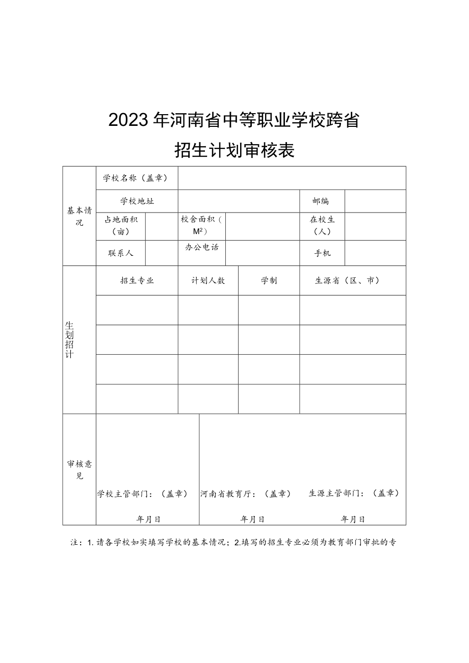 2023年河南省中等职业学校跨省招生计划申请表、审核表.docx_第2页