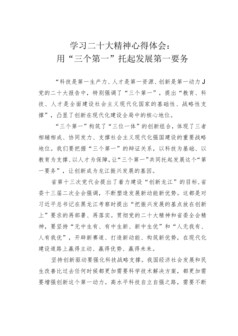 学习二十大精神心得体会：用“三个第一”托起发展第一要务.docx_第1页