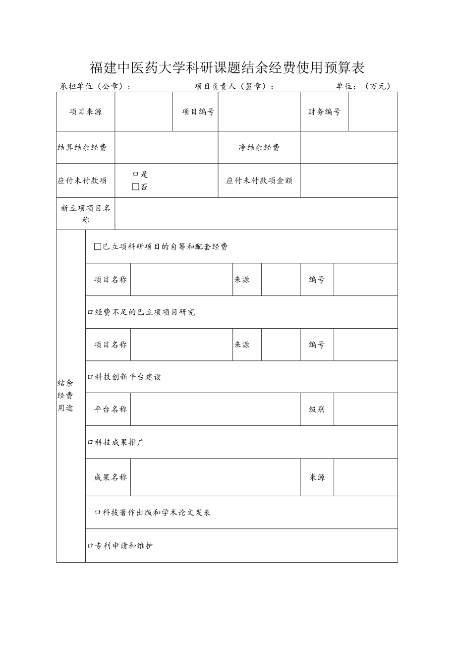 福建中医药大学科研课题结余经费使用预算表.docx_第1页