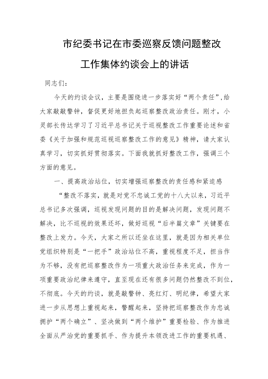 市纪委书记在市委巡察反馈问题整改工作集体约谈会上的讲话.docx_第1页