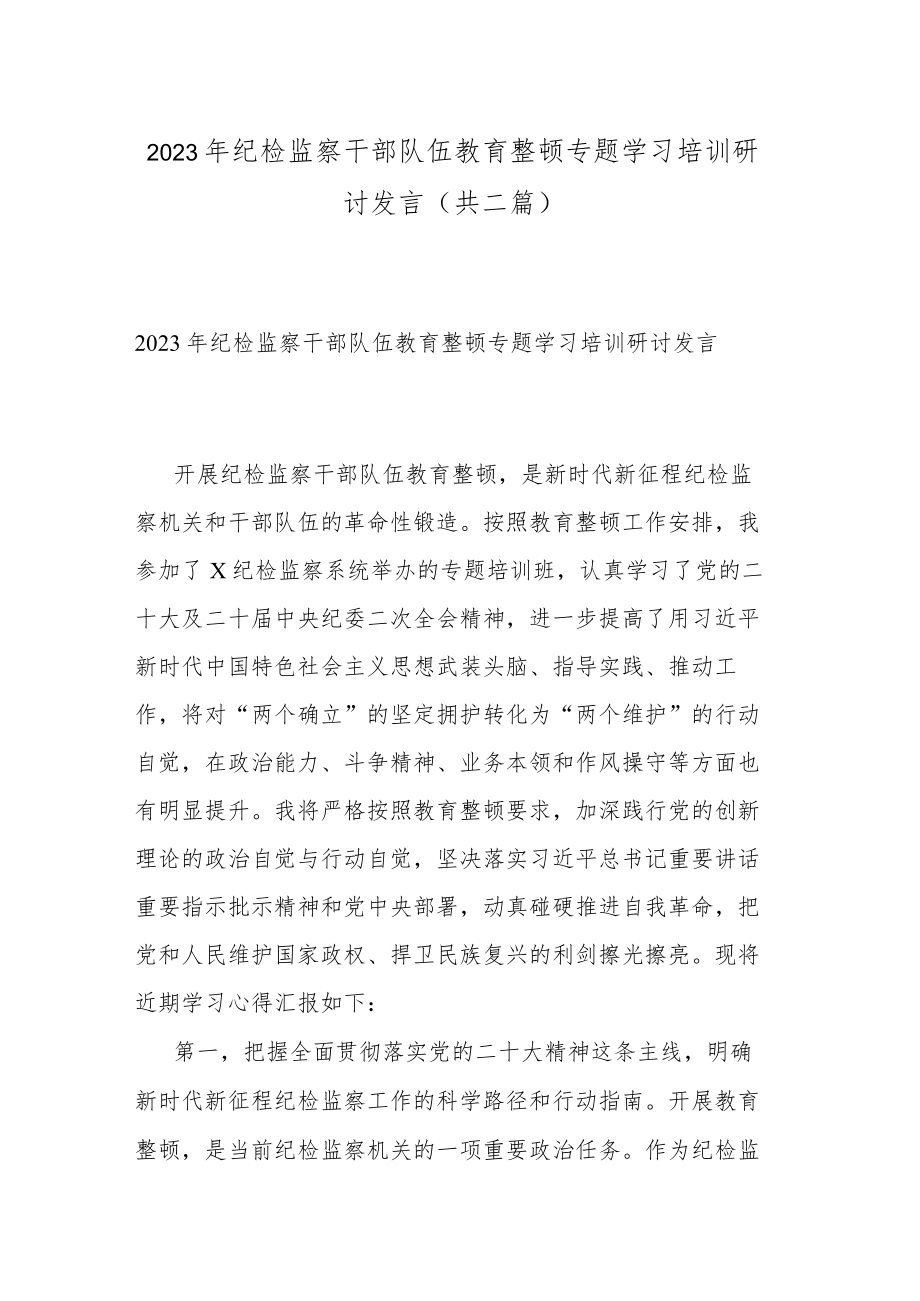 2023年纪检监察干部队伍教育整顿专题学习培训研讨发言(共二篇).docx_第1页