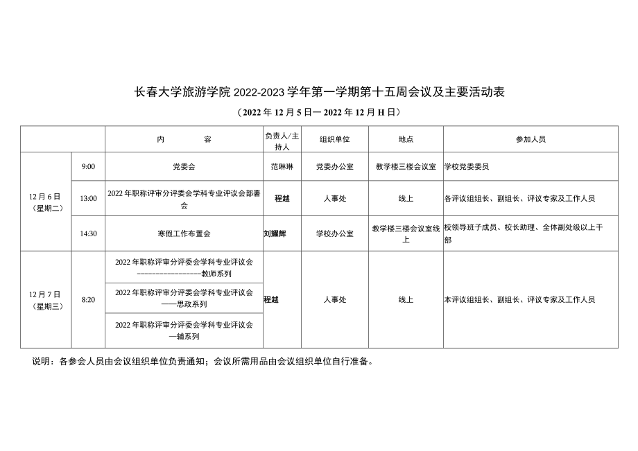 长春大学旅游学院2022—2023学年第一学期第十五周会议及主要活动表.docx_第1页