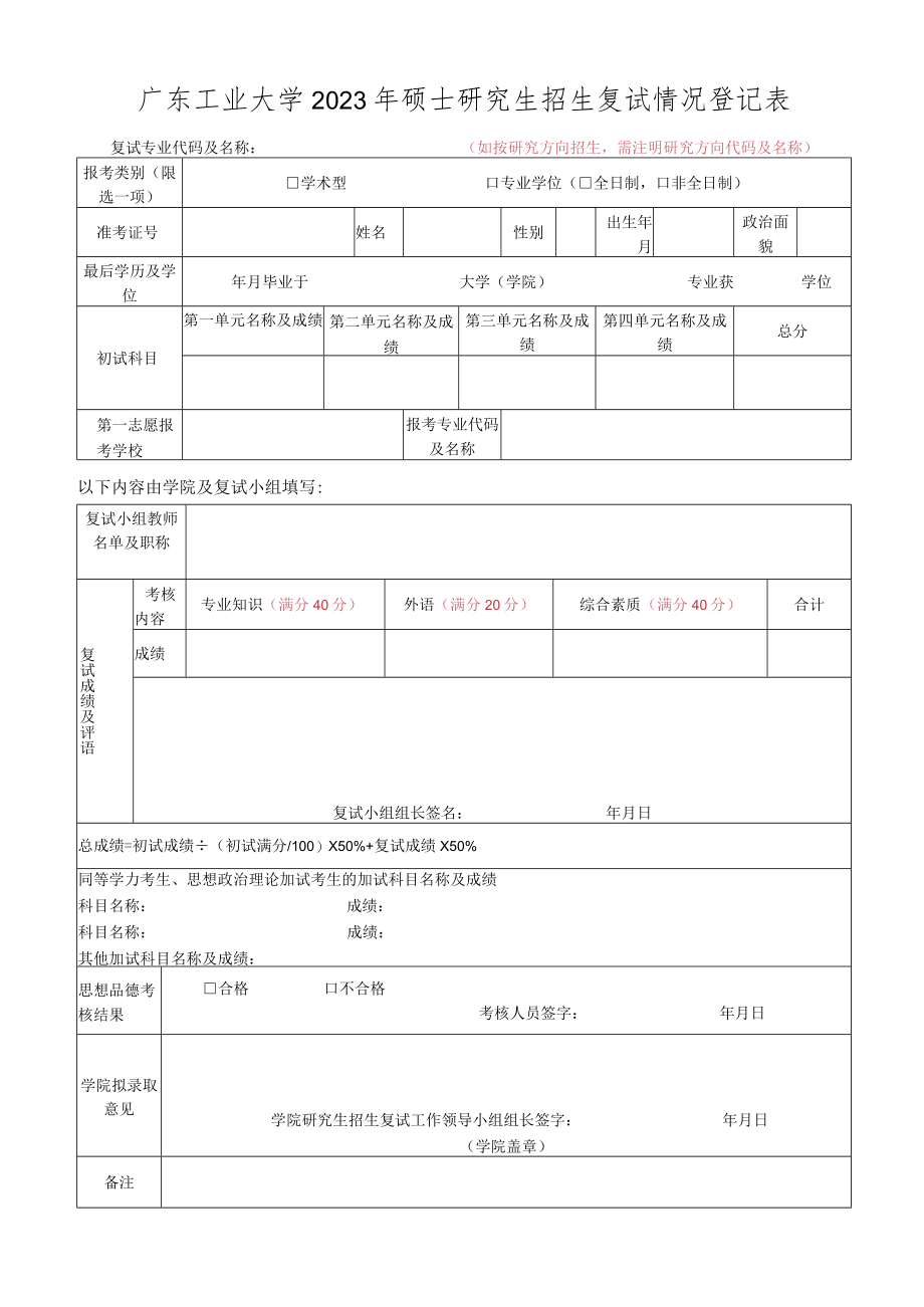 广东工业大学2023年硕士研究生招生复试情况登记表.docx_第1页