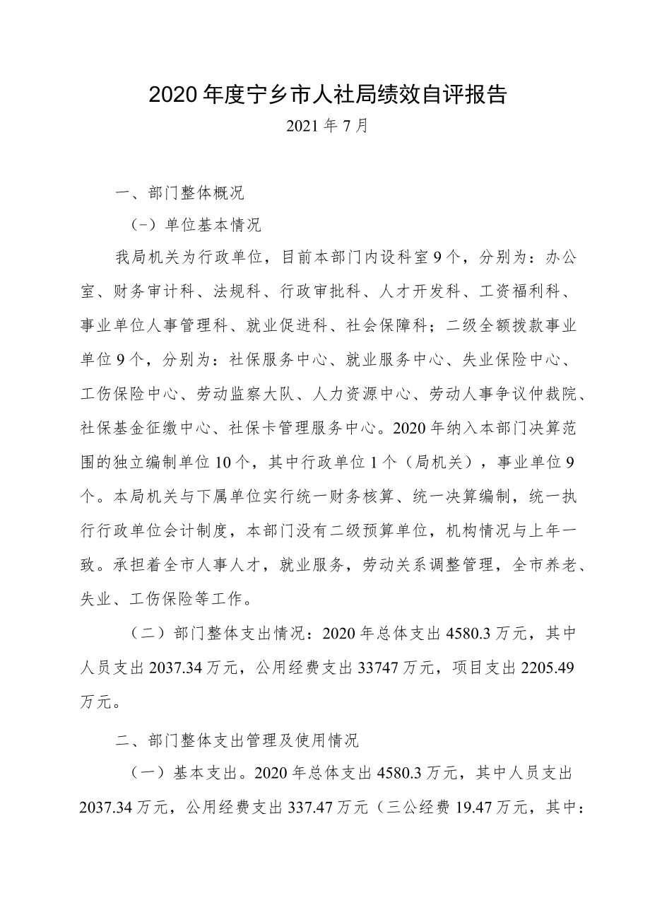 2020年度宁乡市人社局绩效自评报告.docx_第1页