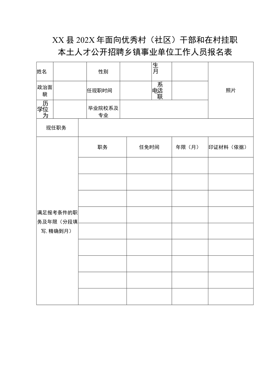 XX县202X年面向优秀村（社区）干部和在村挂职本土人才公开招聘乡镇事业单位工作人员报名表.docx_第1页