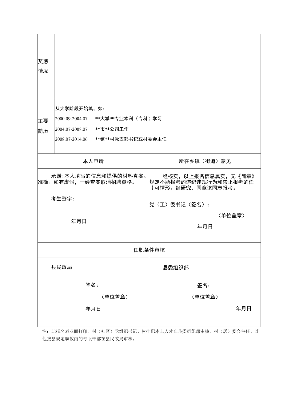 XX县202X年面向优秀村（社区）干部和在村挂职本土人才公开招聘乡镇事业单位工作人员报名表.docx_第2页