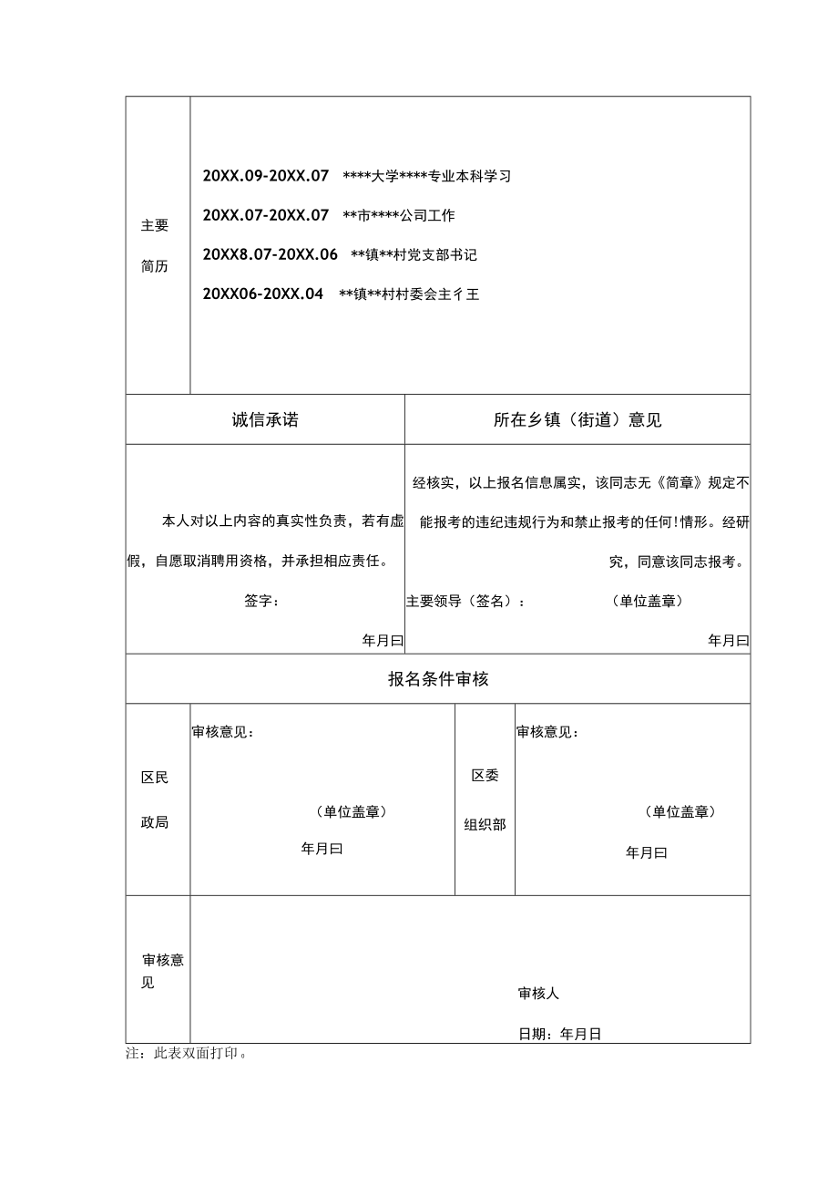 XX市XX区2021年面向优秀村（社区）干部、本土人才公开招聘镇街事业单位工作人员资格审查表.docx_第2页