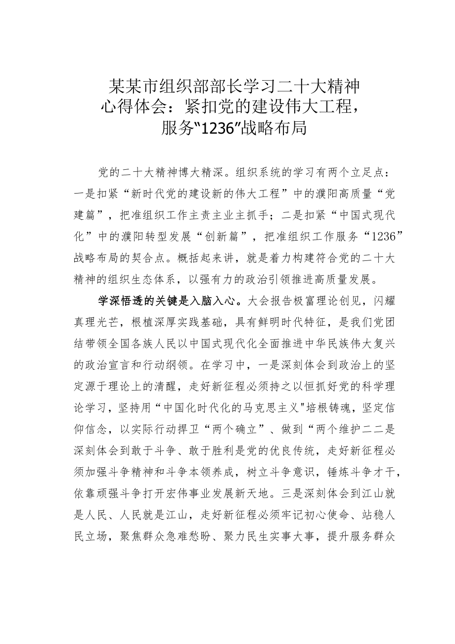 某某市组织部部长学习二十大精神心得体会：紧扣党的建设伟大工程服务“1236”战略布局.docx_第1页