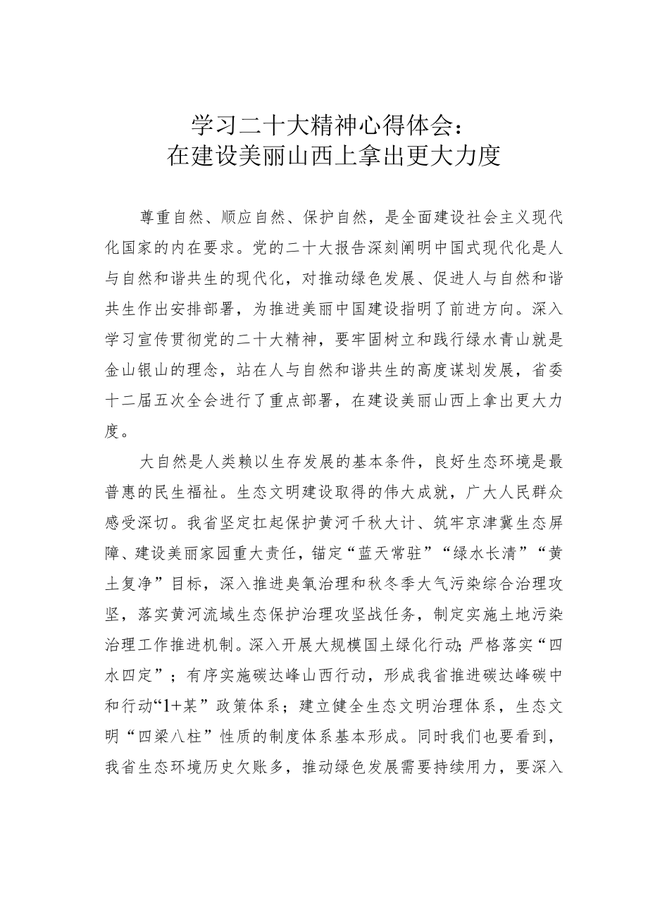 学习二十大精神心得体会：在建设美丽山西上拿出更大力度.docx_第1页