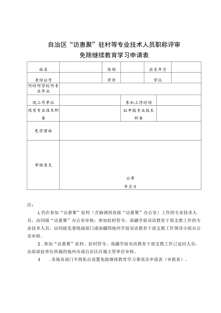 自治区“访惠聚”驻村等专业技术人员职称评审免除继续教育学习申请表.docx_第1页