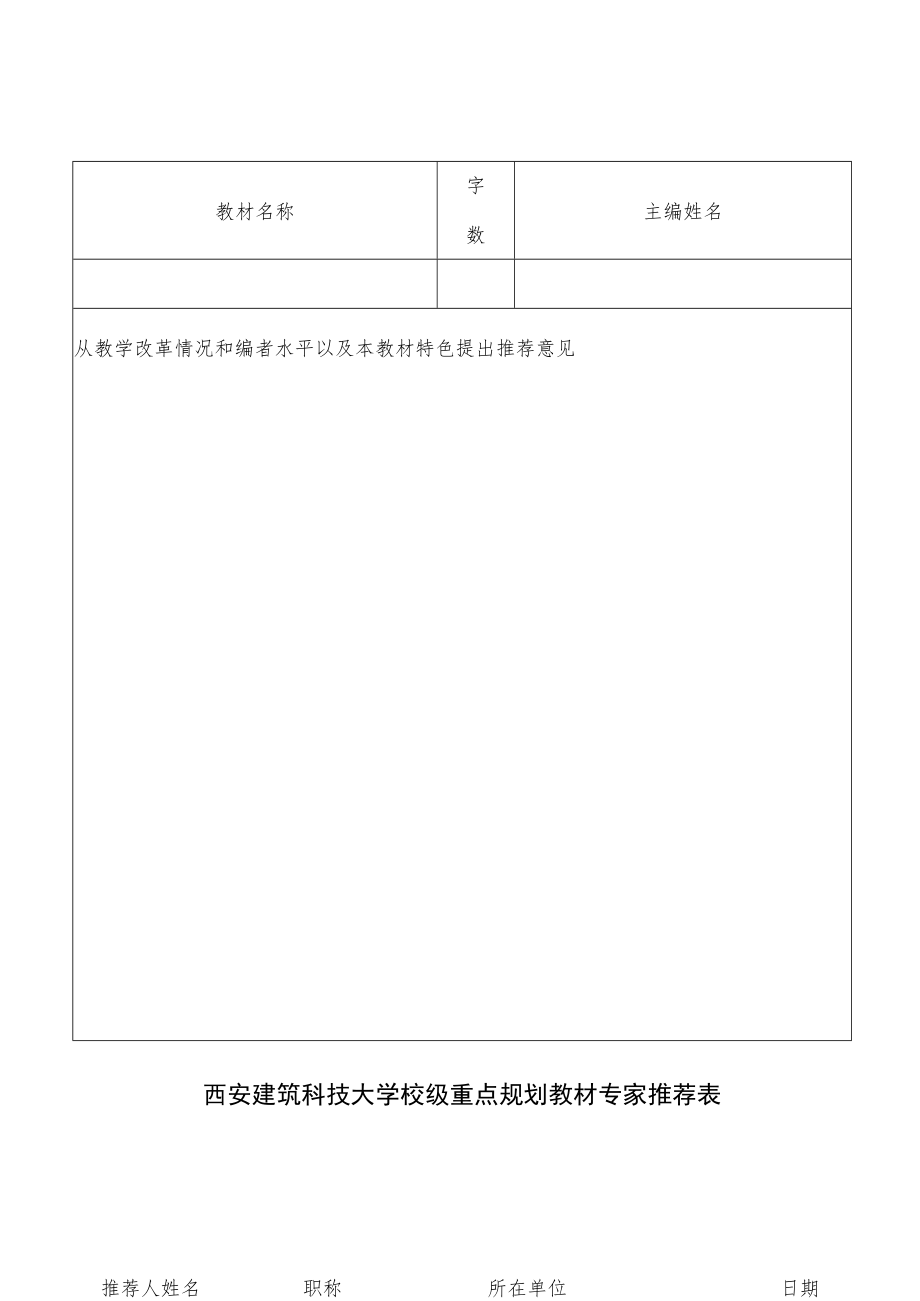 西安建筑科技大学校级重点规划教材专家推荐表.docx_第1页