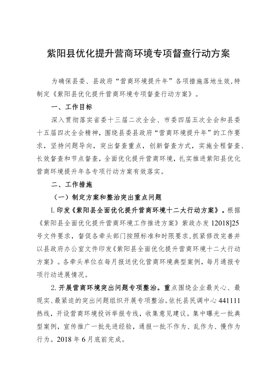 紫阳县优化提升营商环境专项督查行动方案.docx_第1页