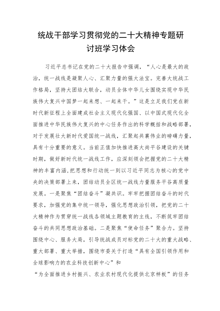 统战干部学习贯彻党的二十大精神专题研讨班学习体会.docx_第1页