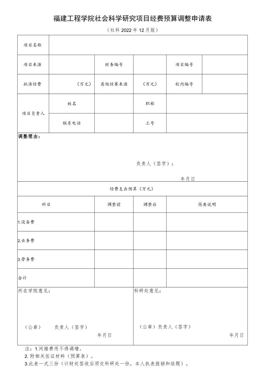 福建工程学院社会科学研究项目经费预算调整申请表.docx_第1页