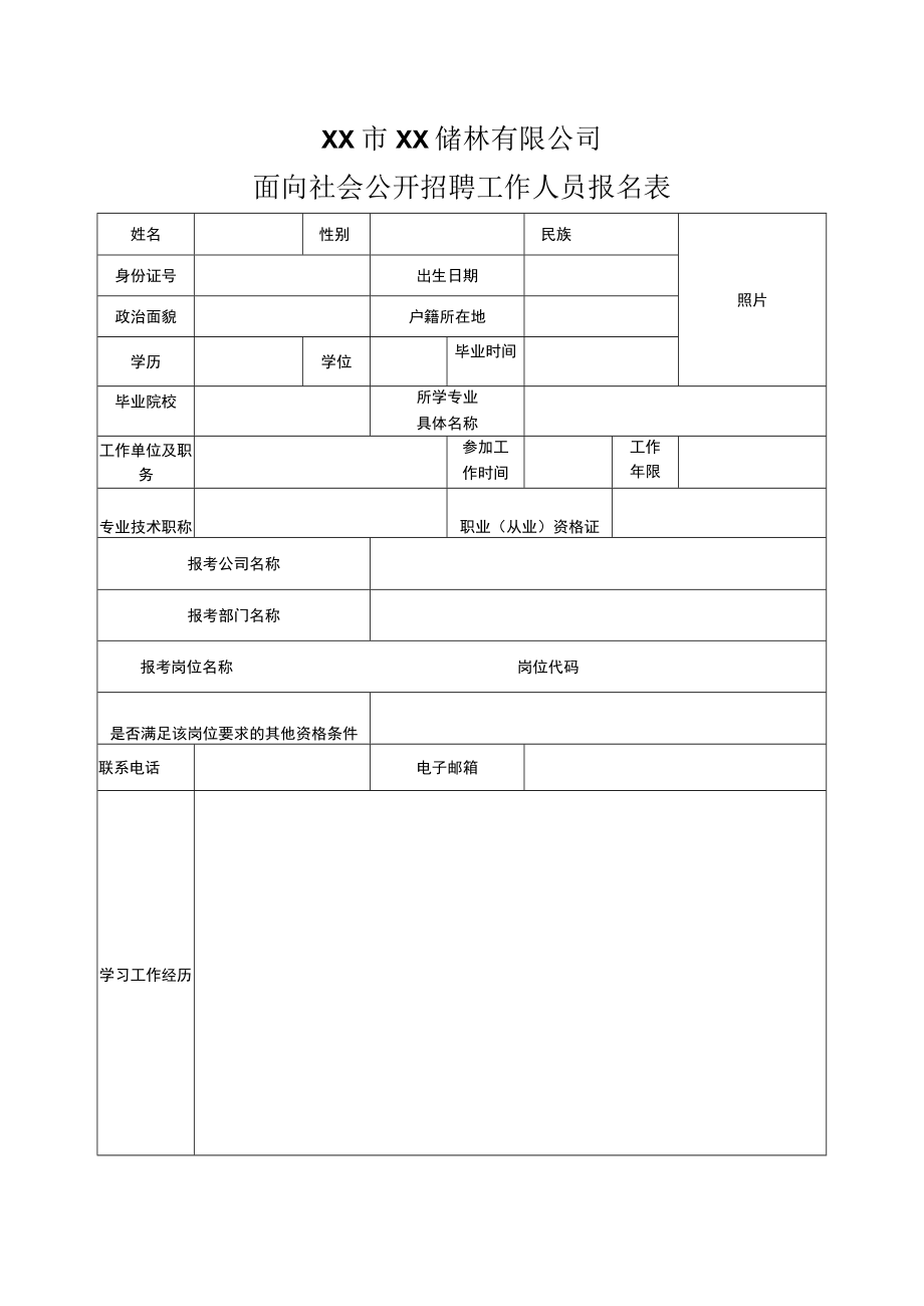 XX市XX储林有限公司面向社会公开招聘工作人员报名表.docx_第1页