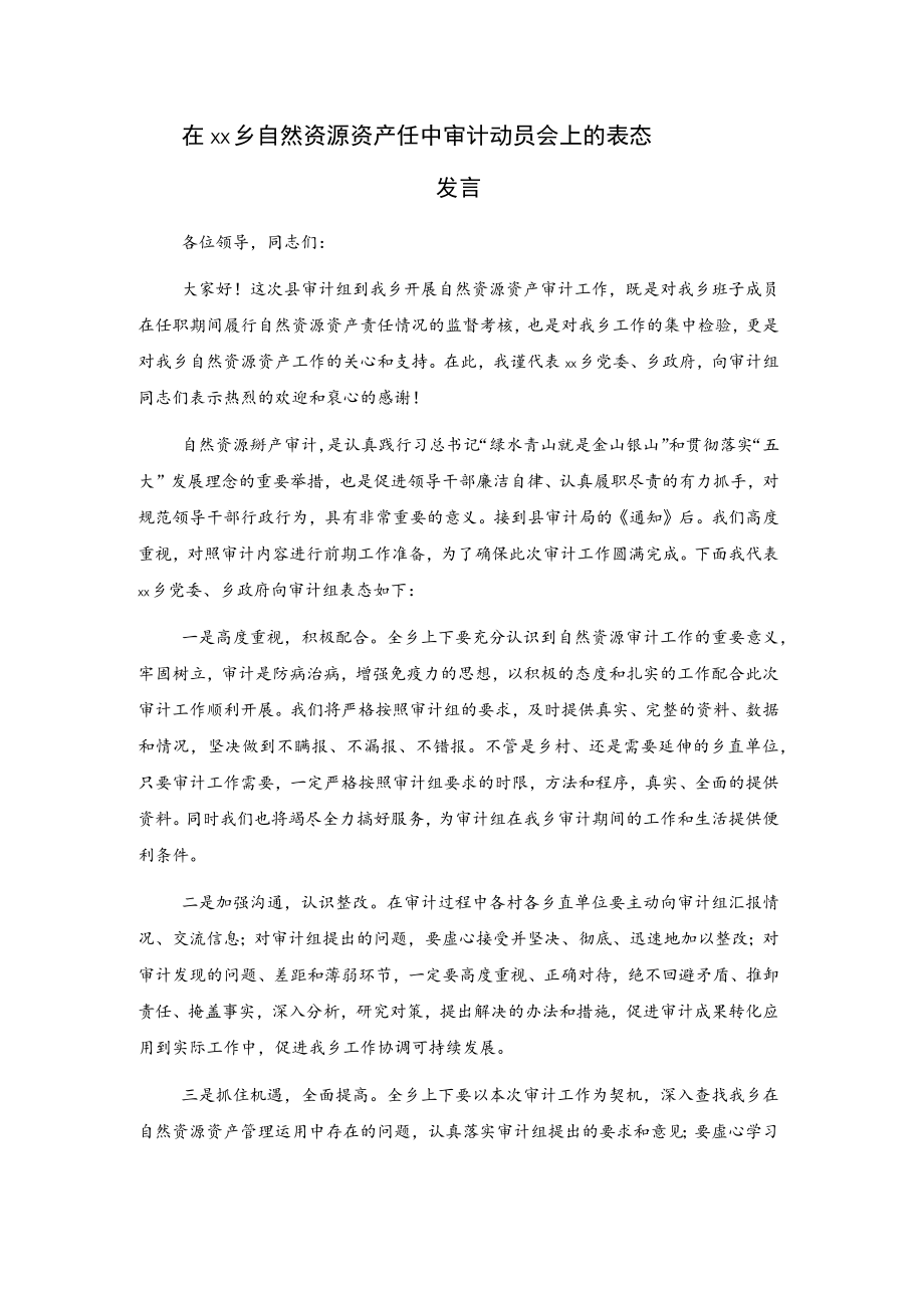 在xx乡自然资源资产任中审计动员会上的表态发言.docx_第1页