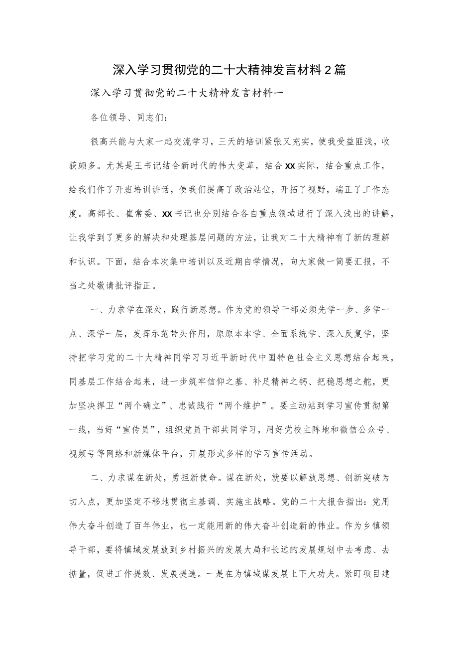 深入学习贯彻党的二十大精神发言材料2篇.docx_第1页