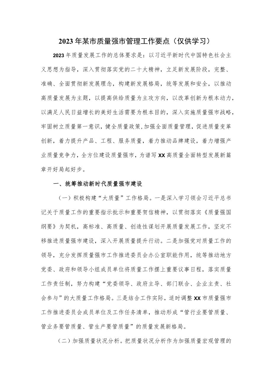 2023年某市质量强市管理工作要点.docx_第1页