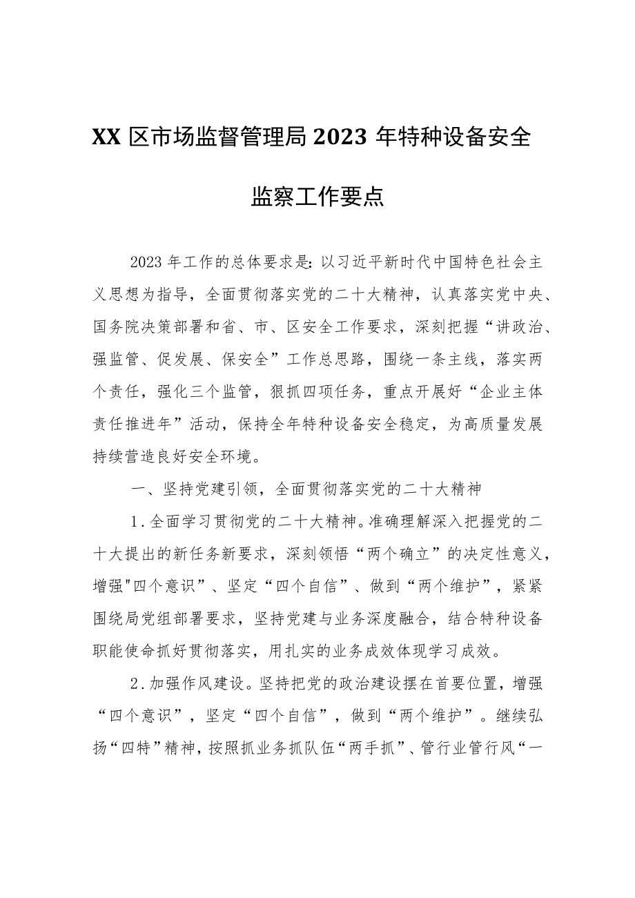 XX区市场监督管理局2023年特种设备安全监察工作要点.docx_第1页