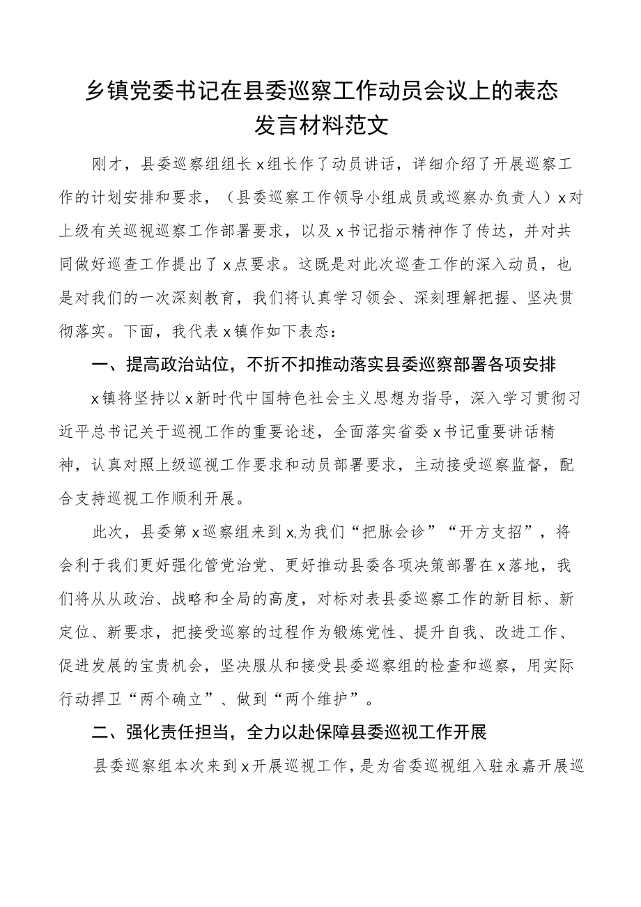 乡镇党委书记在县巡察工作动员会议上的表态发言材料.docx_第1页