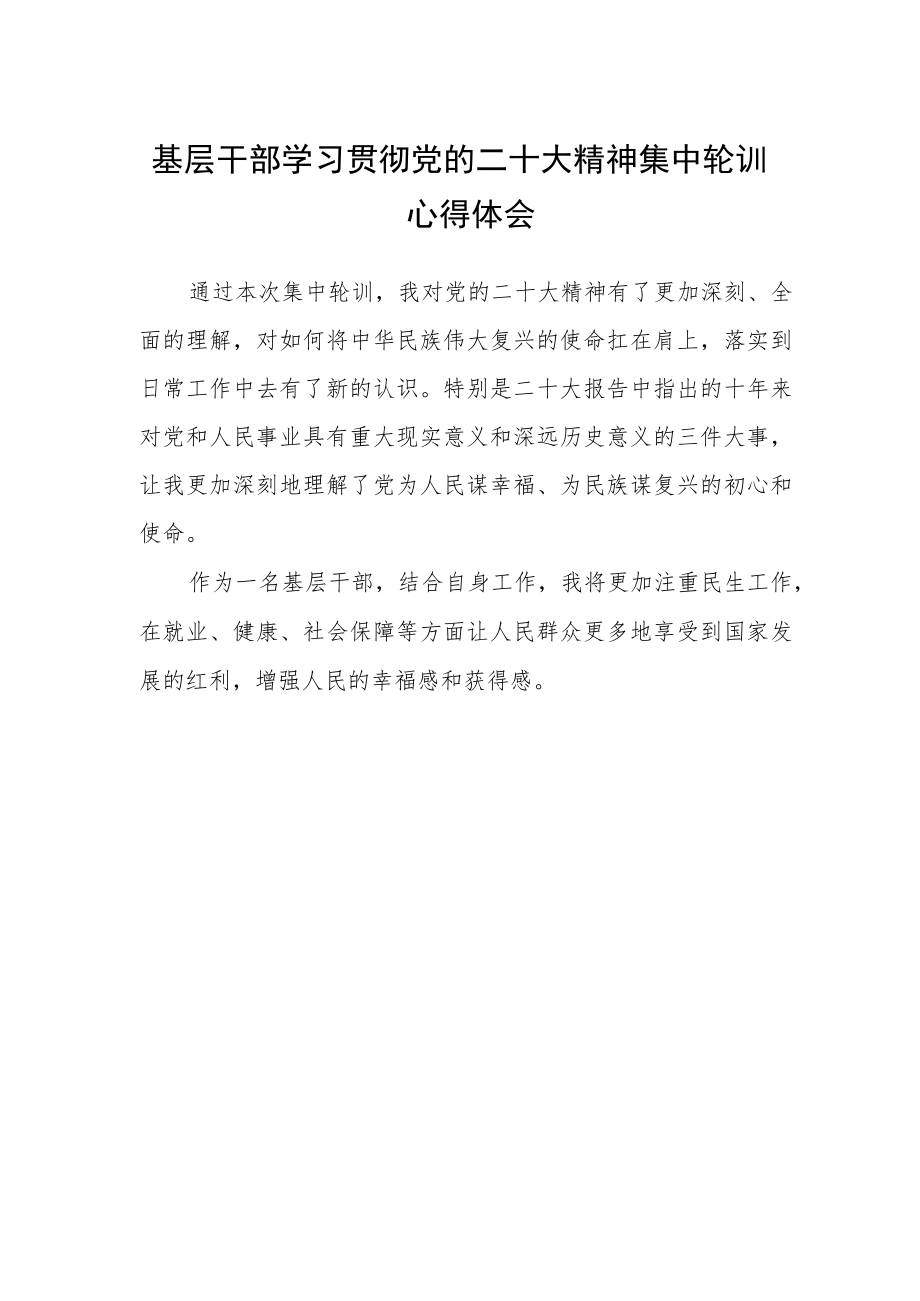 基层干部学习贯彻党的二十大精神集中轮训心得体会.docx_第1页