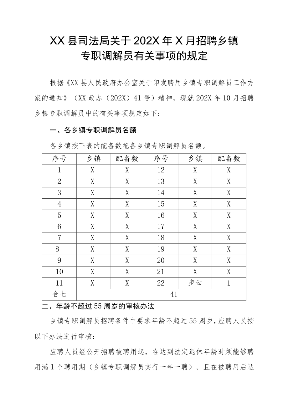 XX县司法局关于202X年X月招聘乡镇专职调解员有关事项的规定.docx_第1页