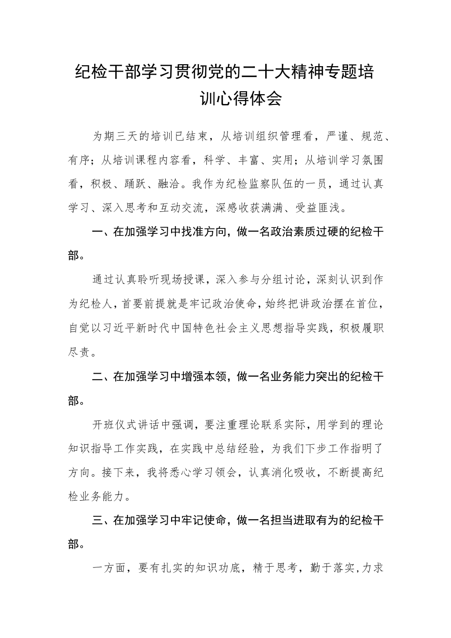 纪检干部学习贯彻党的二十大精神专题培训心得体会.docx_第1页