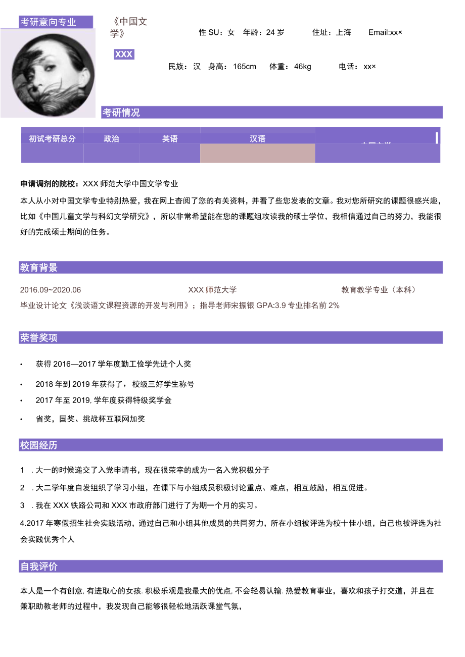 考研中国文学专业调剂简历模板.docx_第1页